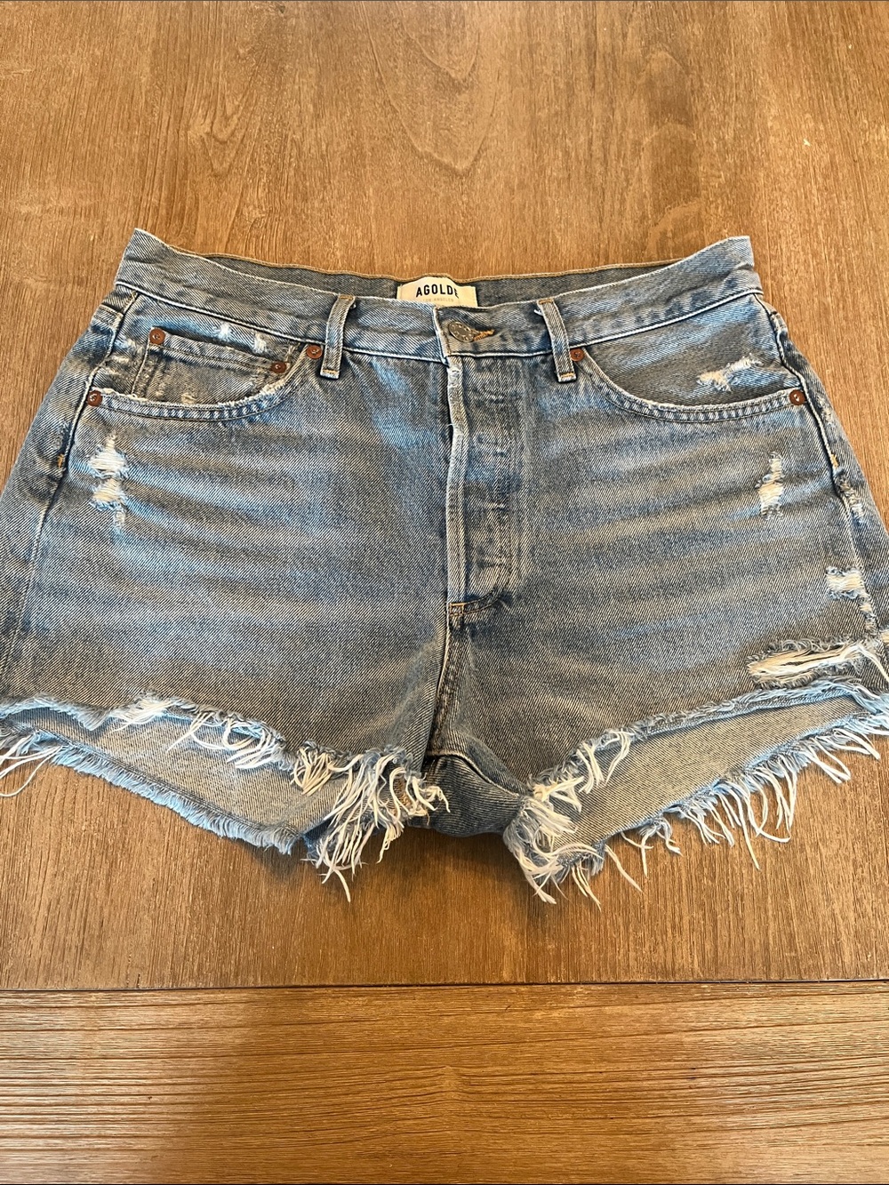 Agolde Light Blue Distressed Frayed Hem Jean Shorts